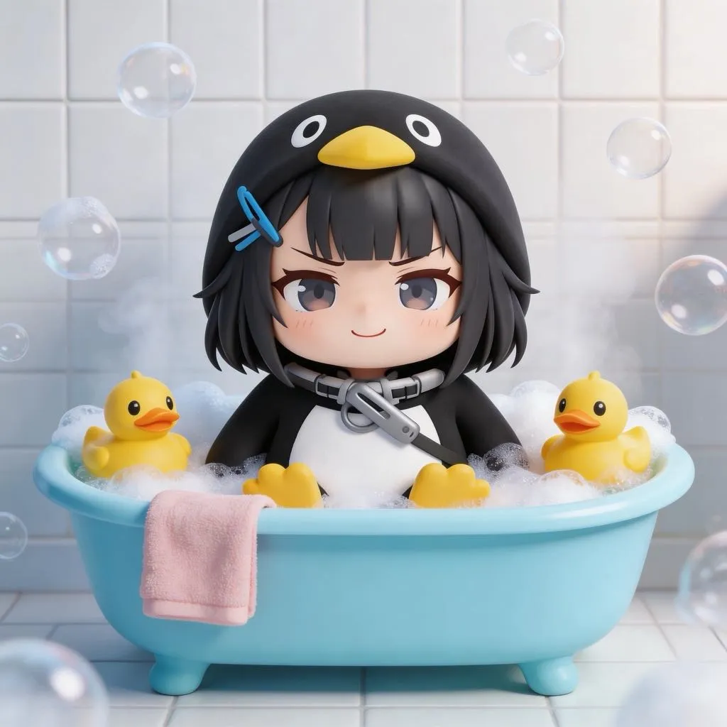 AI-generated gugugaga penguin: Bathing in Tiny Tub