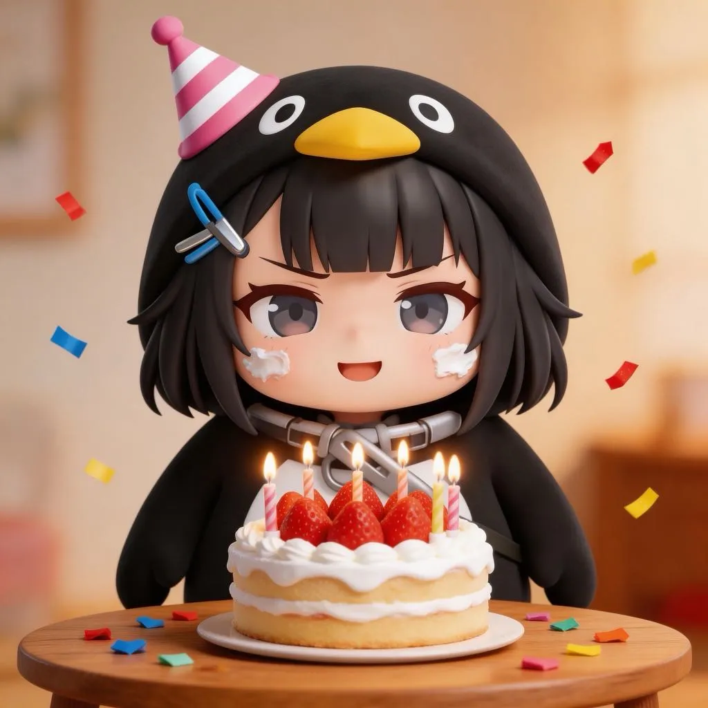 AI-generated gugugaga penguin: Eating Cake with Frosting