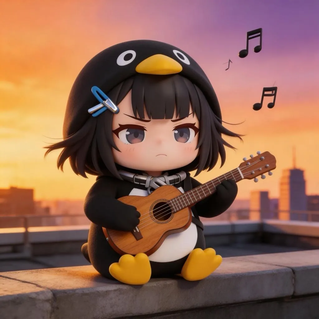 AI-generated gugugaga penguin: Playing Guitar on Rooftop