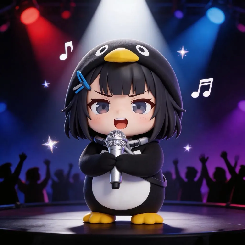 AI-generated gugugaga penguin: Singing with Microphone