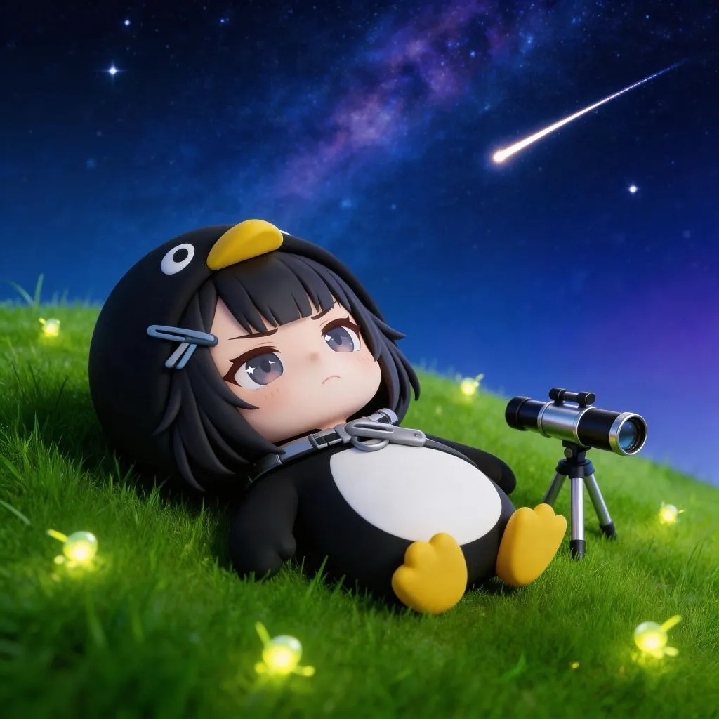 AI-generated gugugaga penguin: Stargazing at Night