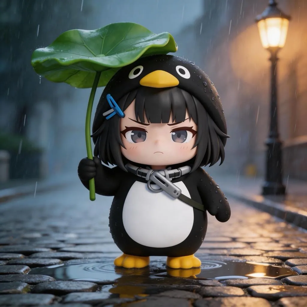 AI-generated gugugaga penguin: Walking in Rain with Leaf Umbrella