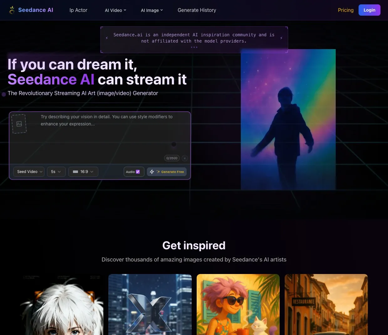 Seedance AI homepage showing text-to-image and image-to-video tools