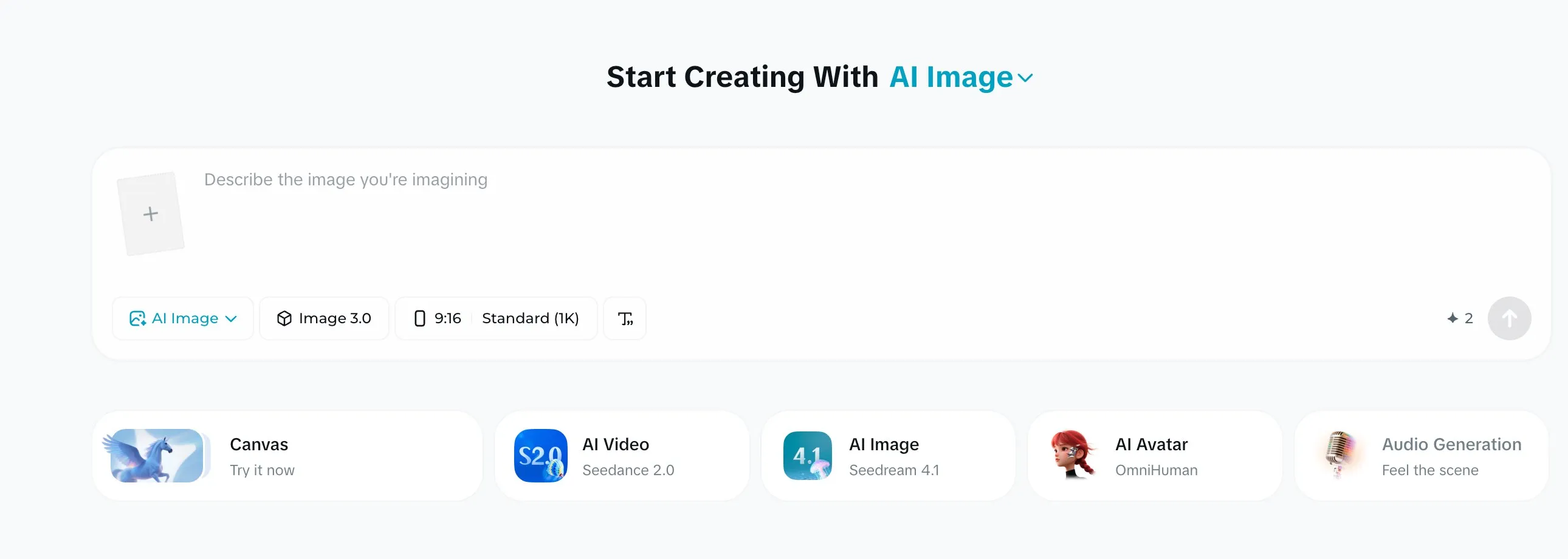 Dreamina homepage showing the AI Video Seedance 2.0 tool among the creation options