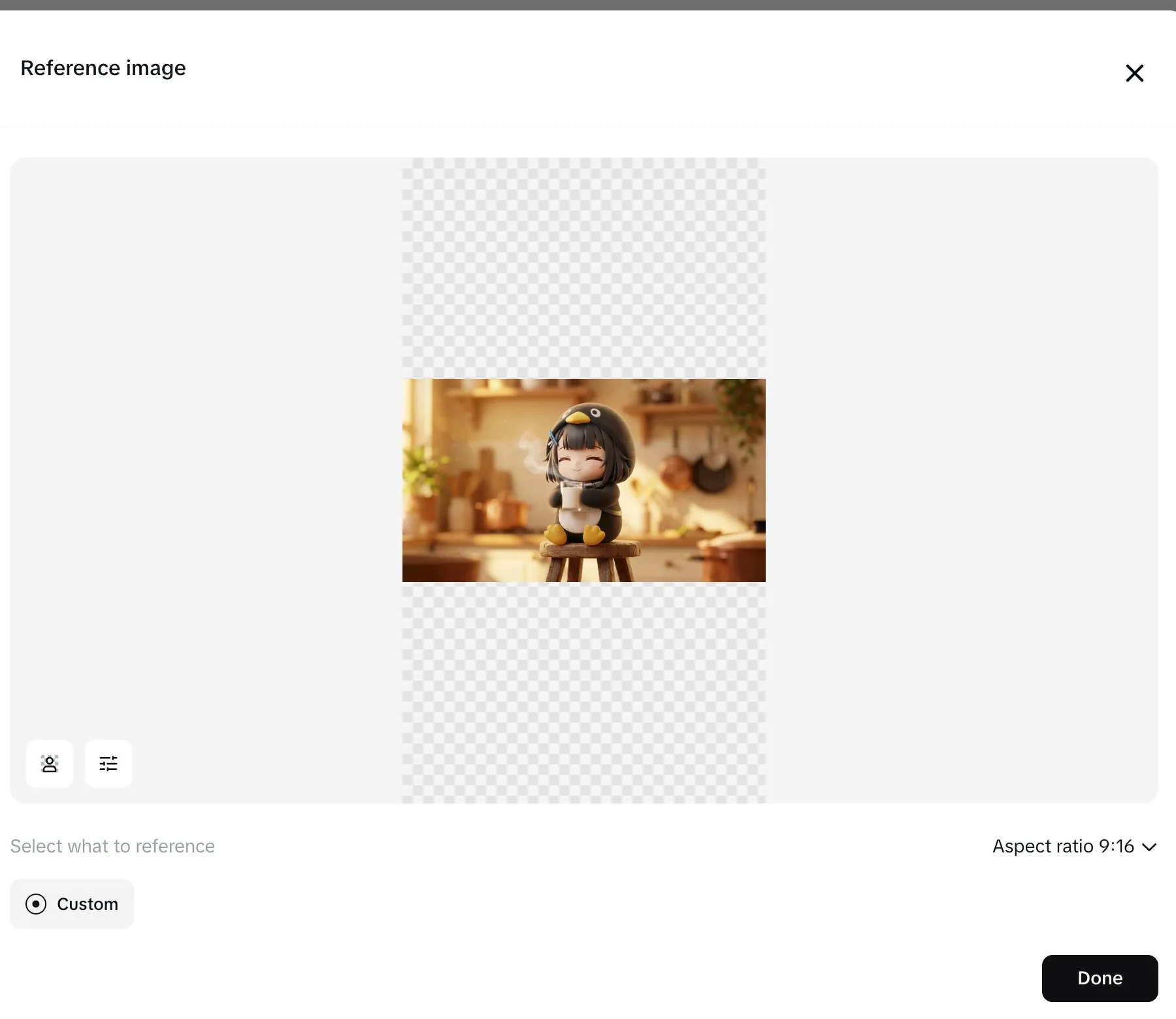 Dreamina reference-image dialog with a chibi gugugaga penguin uploaded as the reference
