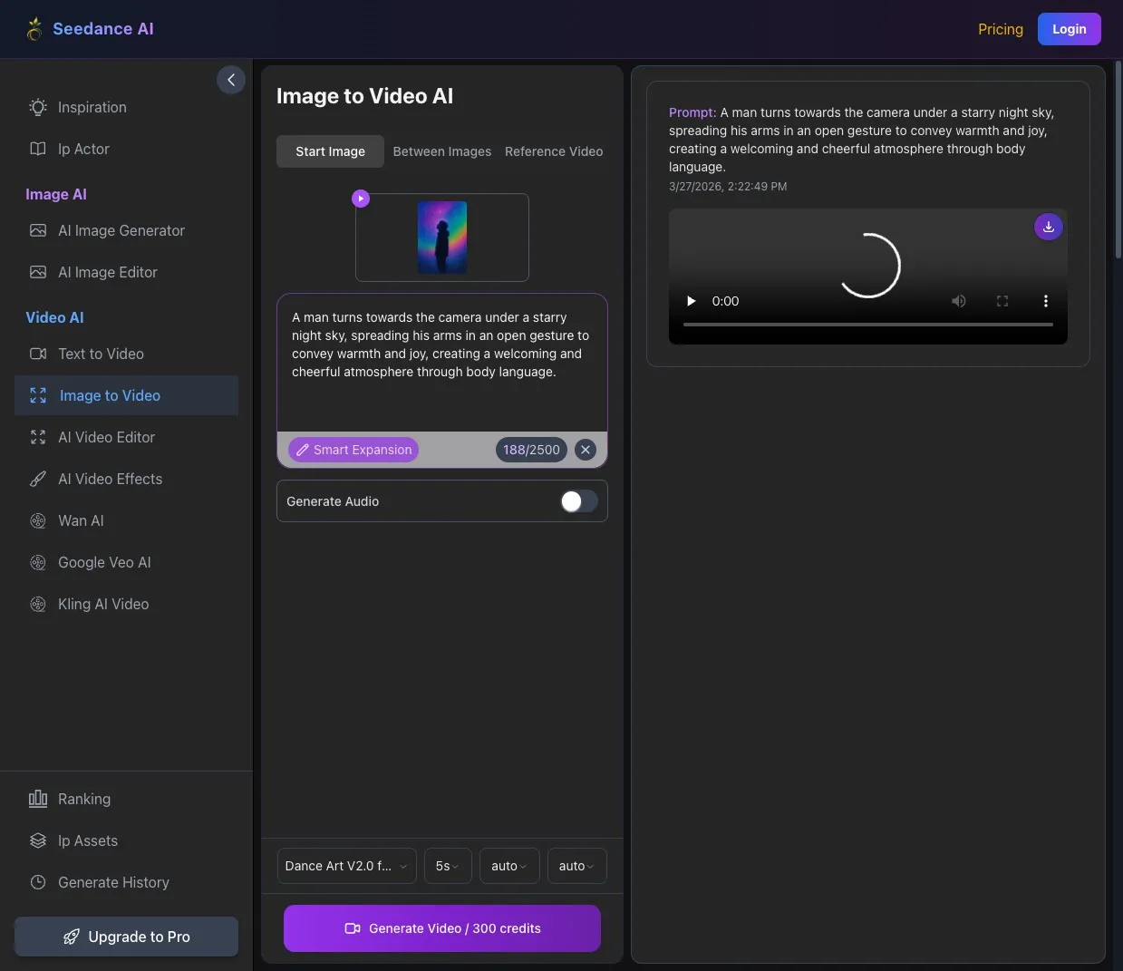 Seedance Image to Video generator UI with upload area and motion prompt field