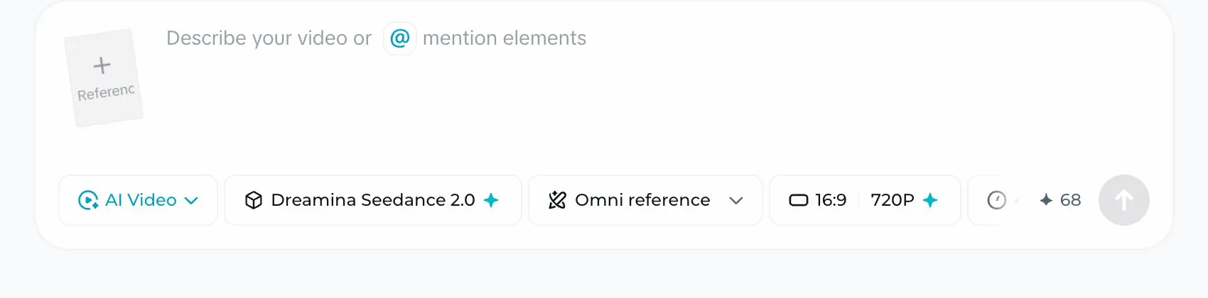Dreamina Seedance 2.0 generator bar with motion-prompt field, aspect ratio and resolution settings