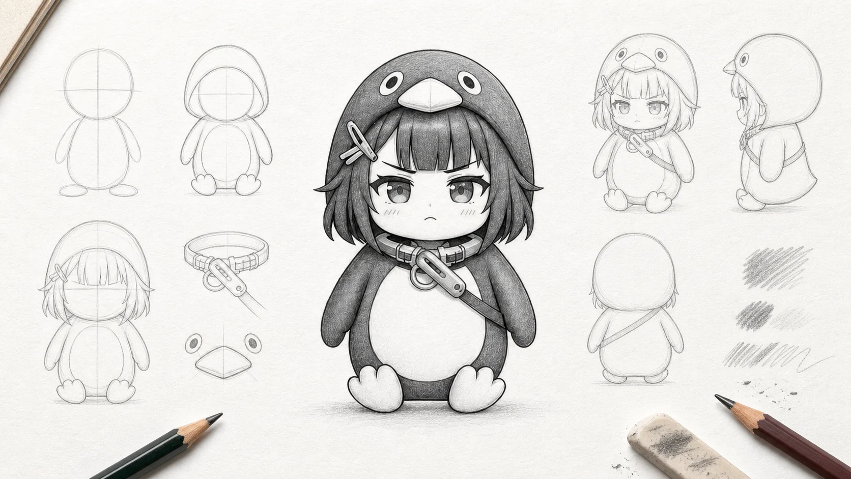 Hand-drawn pencil sketch of the Gugu Gaga Penguin (Endmin) chibi character on textured paper, finished tutorial example