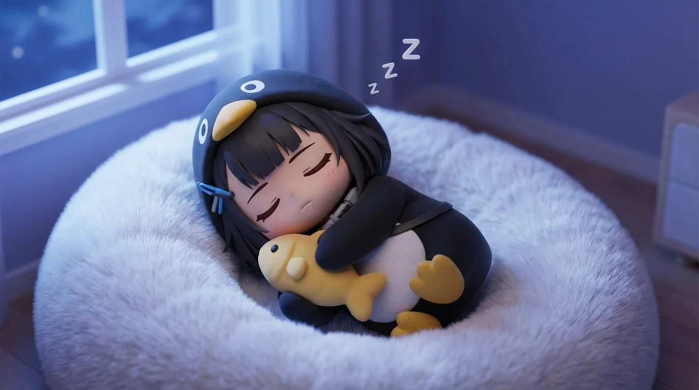 Gugugaga Penguin wallpaper — sleeping with fish plushie