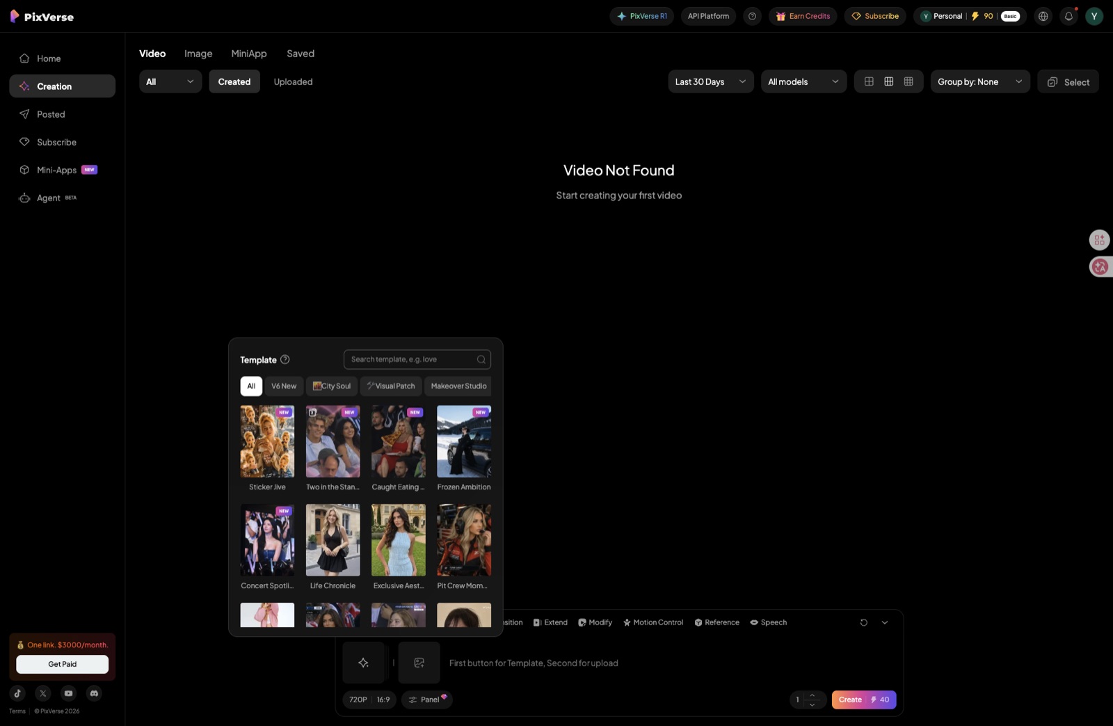 PixVerse Template mode — motion template gallery (8000+ presets) for applying preset animations to a still character image