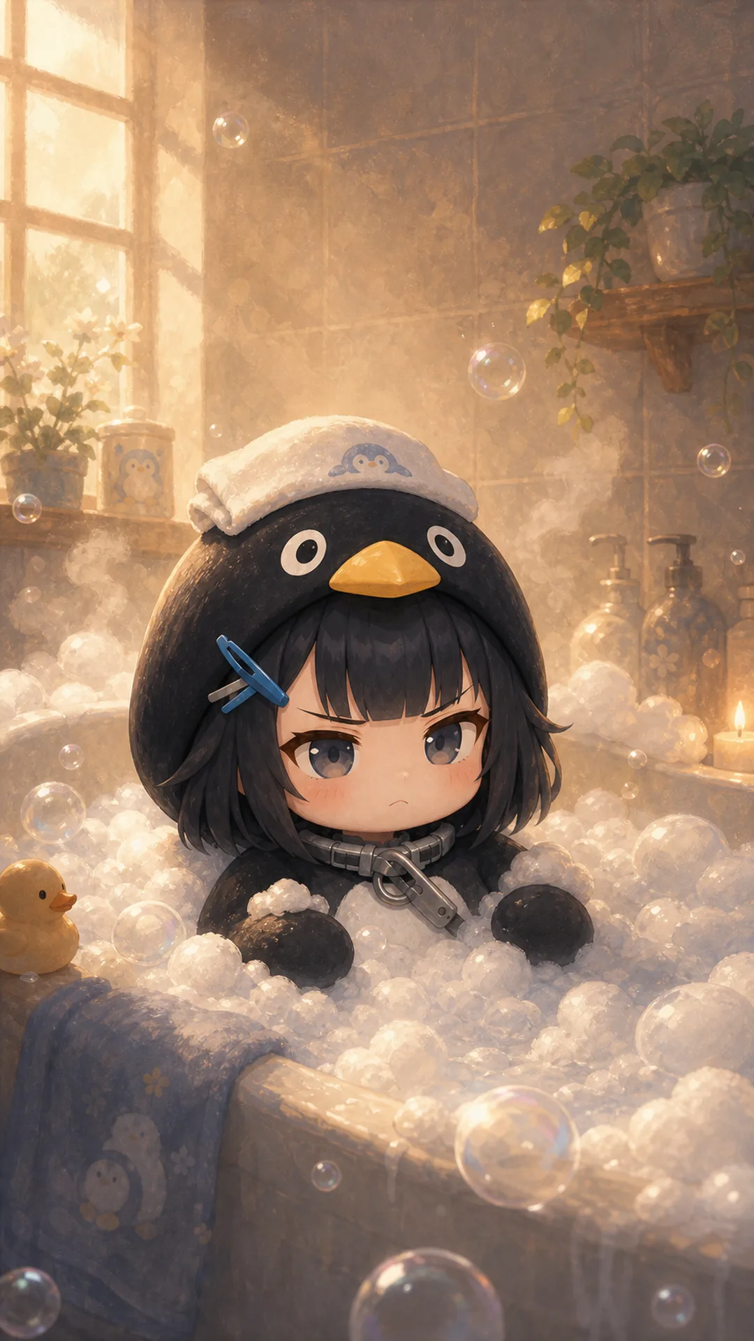 Gugugaga Penguin (Endmin / Endministrator) phone wallpaper — chibi penguin in cozy bubble bath with floating bubbles, 1080×1920 9:16 vertical for iPhone and Android