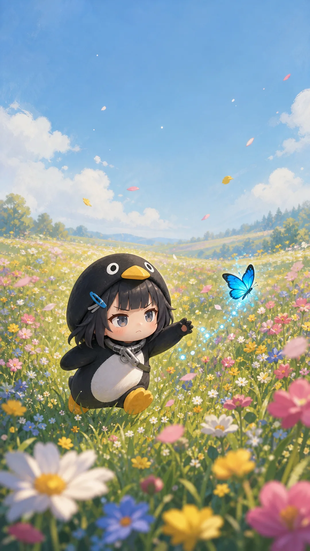 Gugugaga Penguin (Endmin / Endministrator) phone wallpaper — chibi penguin chasing butterflies in flower meadow, 1080×1920 9:16 vertical for iPhone and Android