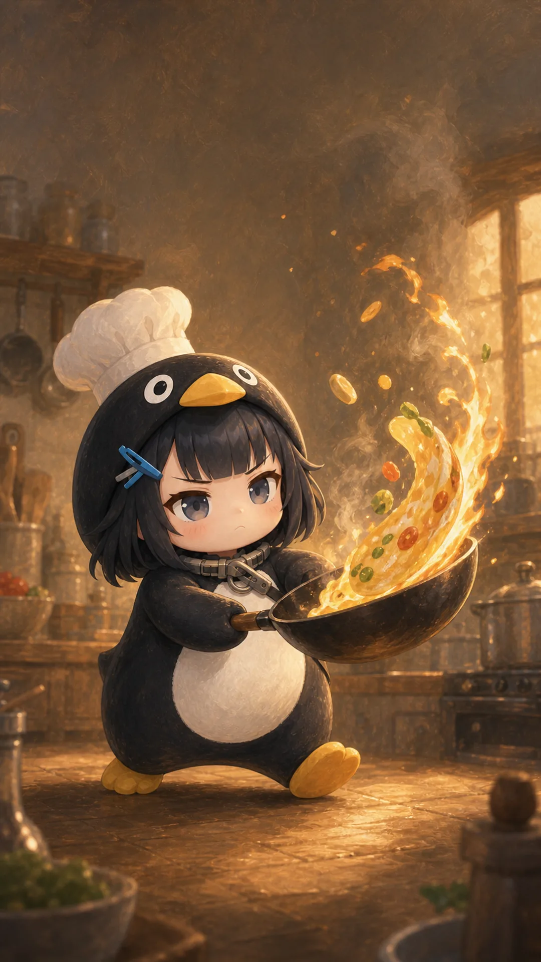 Gugugaga Penguin (Endmin / Endministrator) phone wallpaper — chibi penguin chef tossing pan with golden flame, 1080×1920 9:16 vertical for iPhone and Android
