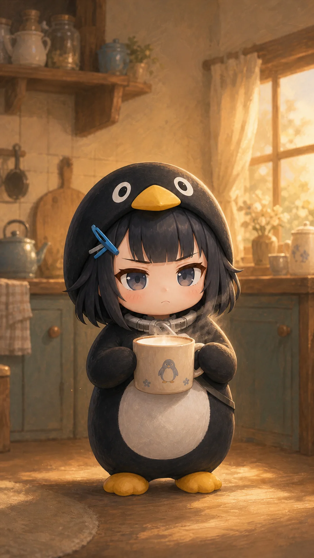 Gugugaga Penguin (Endmin / Endministrator) phone wallpaper — chibi penguin drinking warm milk in cozy kitchen, 1080×1920 9:16 vertical for iPhone and Android