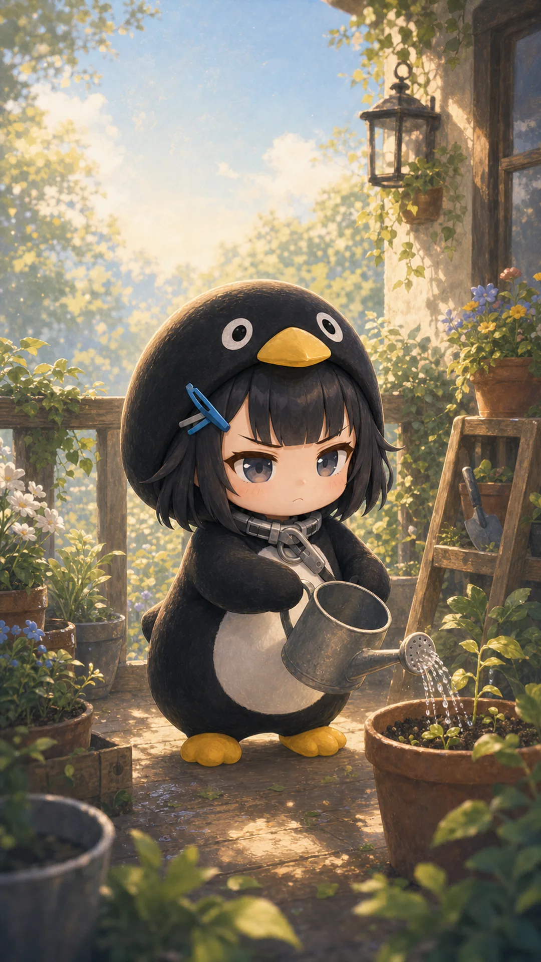 Gugugaga Penguin (Endmin / Endministrator) phone wallpaper — chibi penguin watering plants in little garden, 1080×1920 9:16 vertical for iPhone and Android