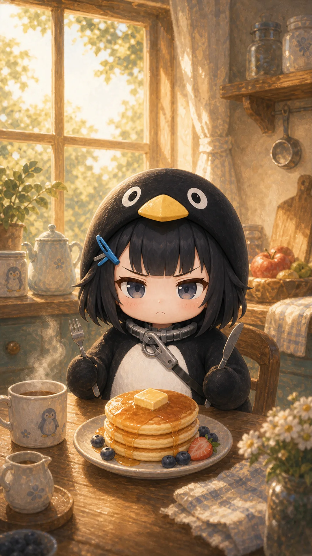 Gugugaga Penguin (Endmin / Endministrator) phone wallpaper — chibi penguin morning breakfast with pancakes, 1080×1920 9:16 vertical for iPhone and Android