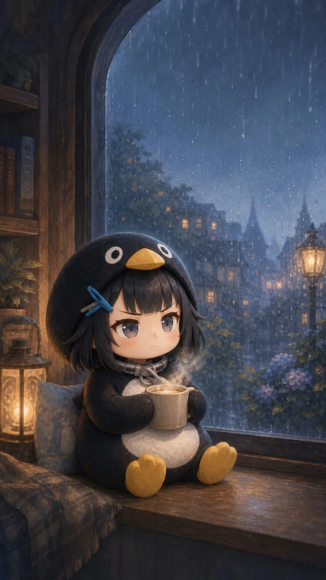 Gugugaga Penguin (Endmin / Endministrator) phone wallpaper — chibi penguin watching raindrops on window, 1080×1920 9:16 vertical for iPhone and Android