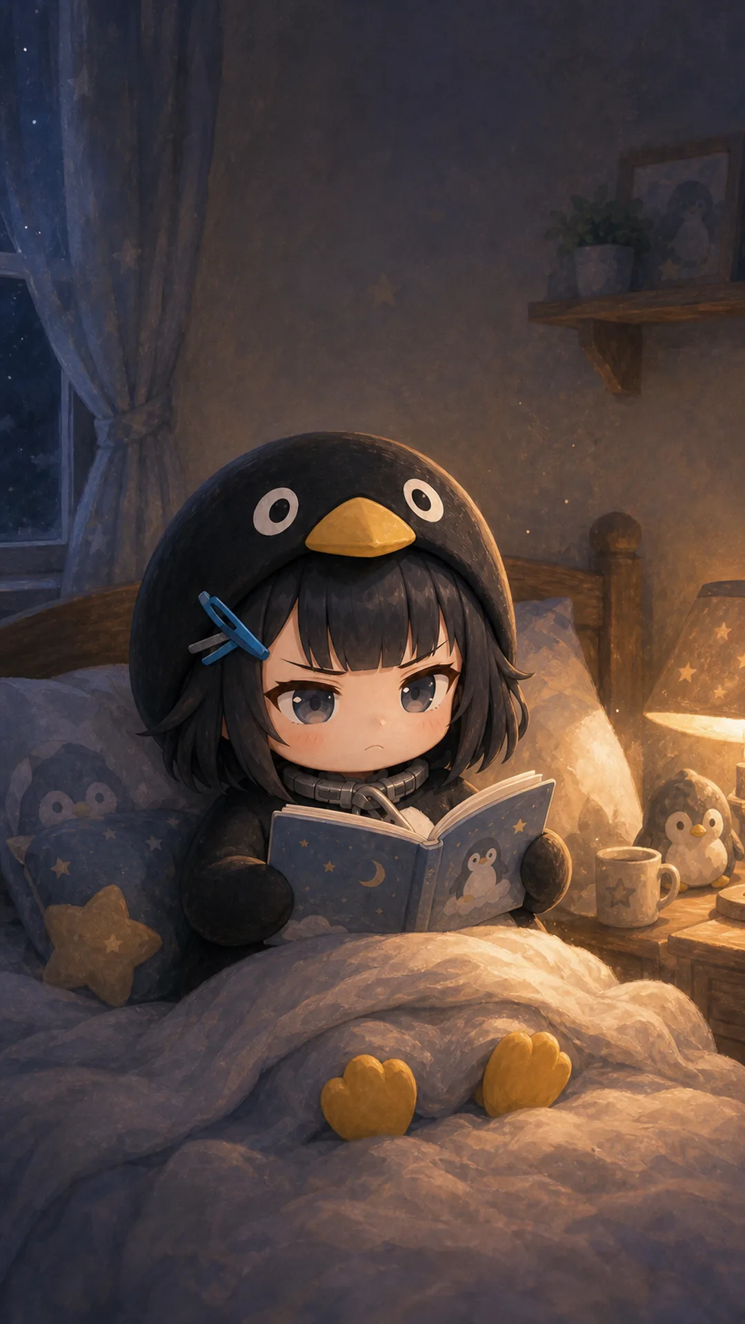 Gugugaga Penguin (Endmin / Endministrator) phone wallpaper — chibi penguin reading book in bed, 1080×1920 9:16 vertical for iPhone and Android