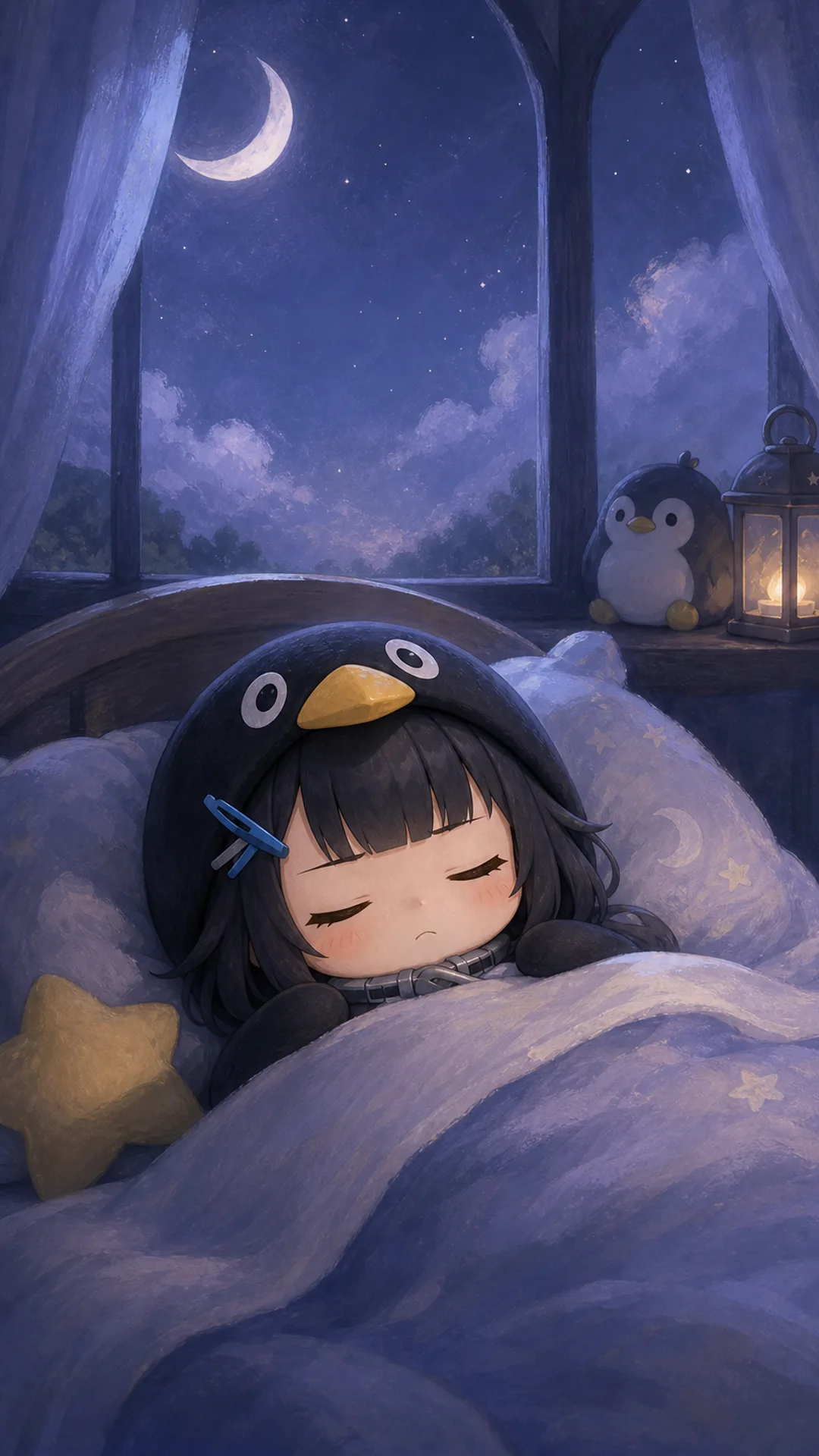 Gugugaga Penguin (Endmin / Endministrator) phone wallpaper — chibi penguin sleeping under moonlight, 1080×1920 9:16 vertical for iPhone and Android