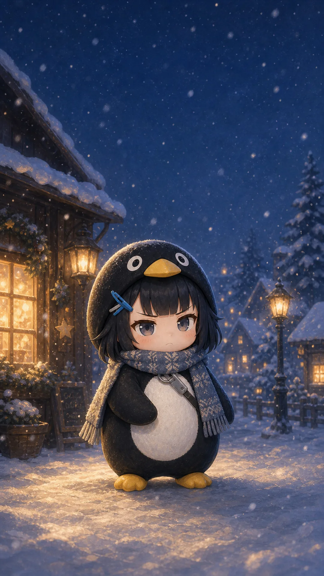 Gugugaga Penguin (Endmin / Endministrator) phone wallpaper — chibi penguin in falling snow at night, 1080×1920 9:16 vertical for iPhone and Android