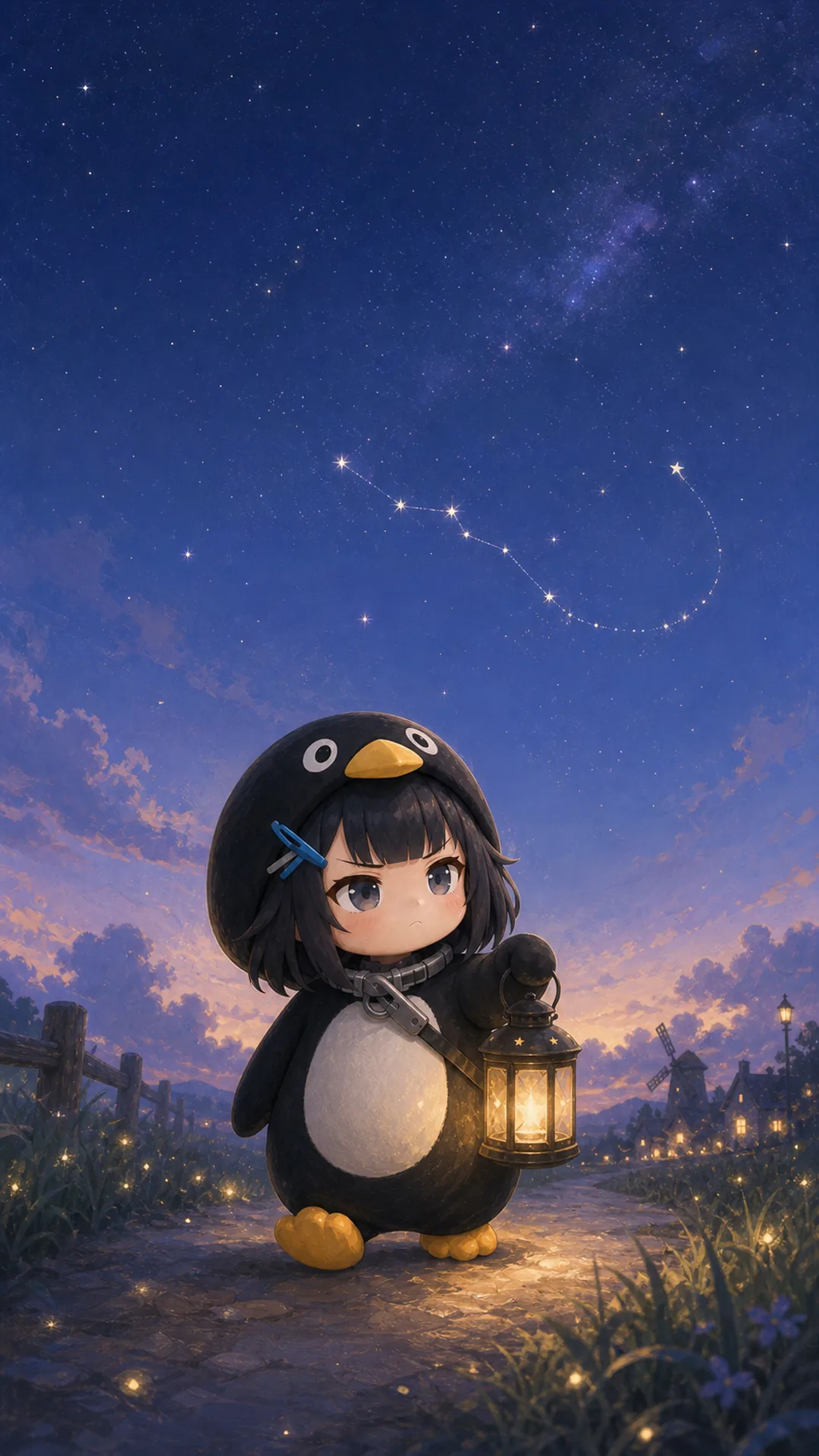 Gugugaga Penguin (Endmin / Endministrator) phone wallpaper — chibi penguin walking under starry sky, 1080×1920 9:16 vertical for iPhone and Android